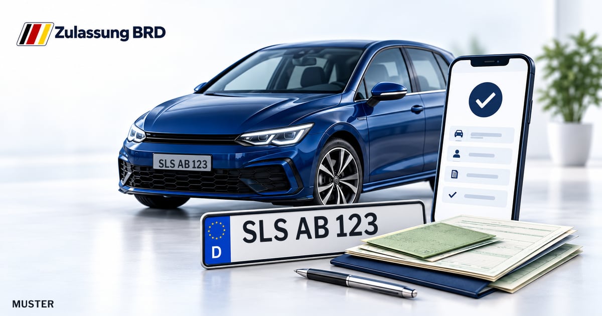 Online Fahrzeugzulassung in Landkreis Saarlouis: Musterkennzeichen SLS AB 123, Auto und Fahrzeugpapiere und Smartphone. Illustration mit Logo von Zulassung BRD.